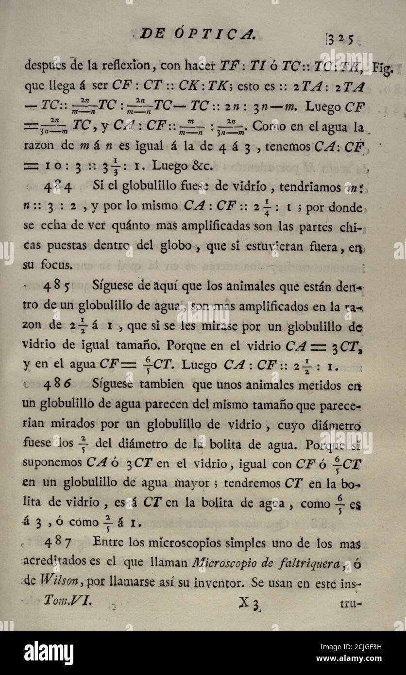 'Elementos de Matematica' (Elements of Mathematics), by the Spanish architect and mathematician of The Enlightenment Benito Bails (1730-1797). Optics calculations. Volume VI, which is about elements of optics. Published in Madrid, 1781. Stock Photo