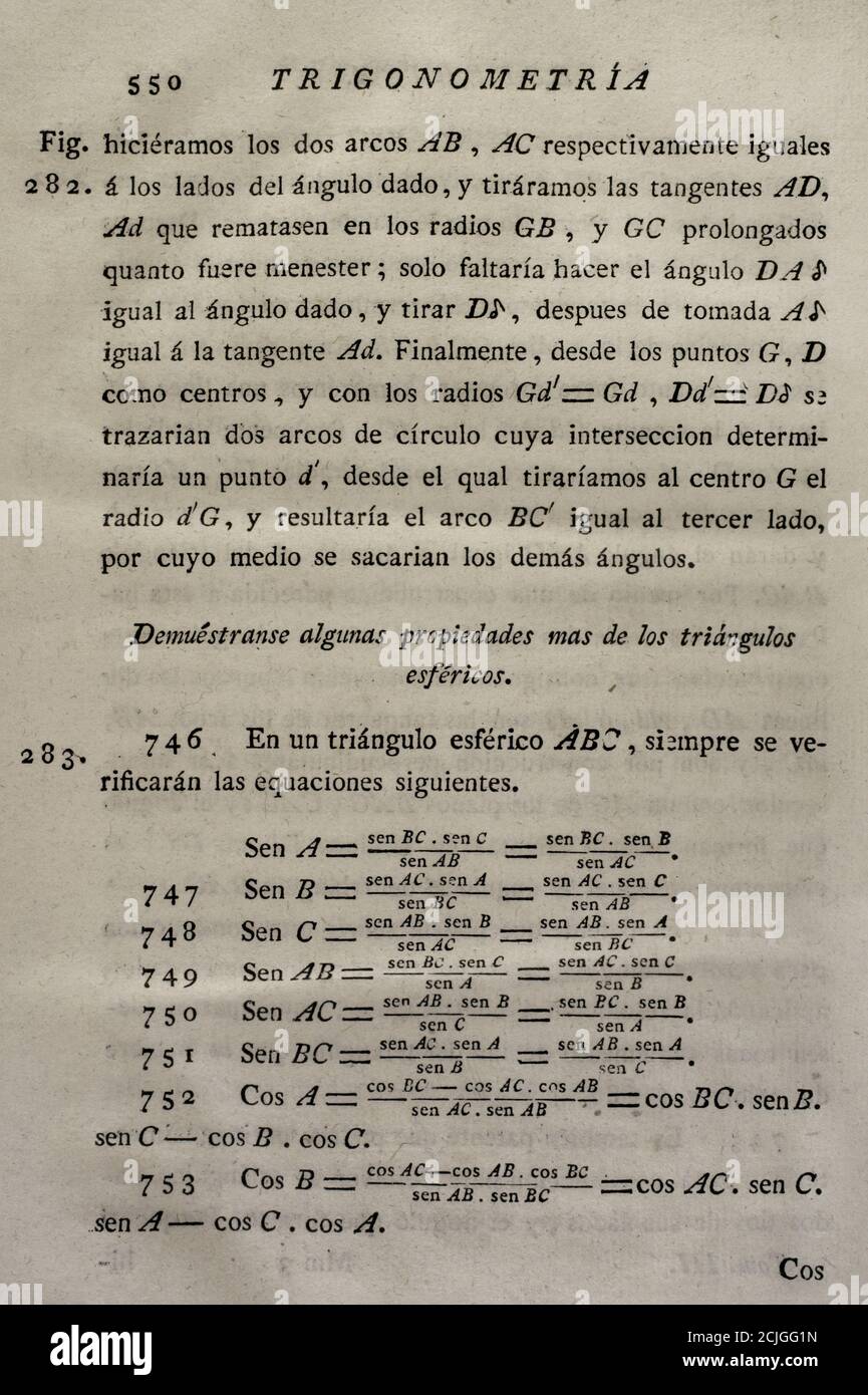 'Elementos de Matematica' (Elements of Mathematics), by Benito Bails (1730-1797), Spanish architect and mathematician of The Enlightenment. Page with trigonometric calculations. Volume III, which is about elements of conic sections, elements of infinitesimal calculus and spherical trigonometry. Published in Madrid, 1779. Stock Photo
