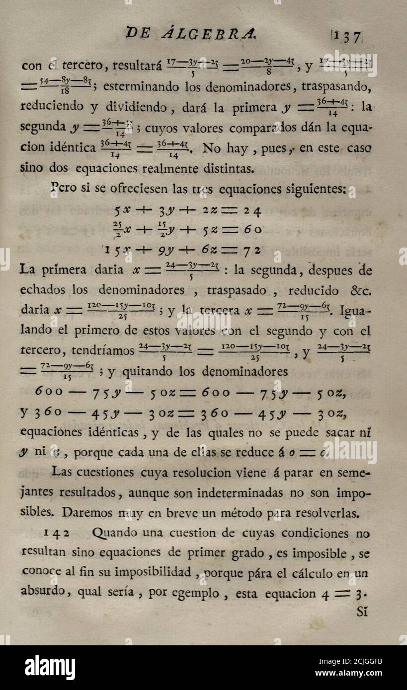 'Elementos de Matematica' (Elements of Mathematics), by Benito Bails (1730-1797), Spanish architect and mathematician of The Enlightenment. Page with algebraic calculations. Volume II, which is about elements of algebra. Published in Madrid, 1779. Stock Photo
