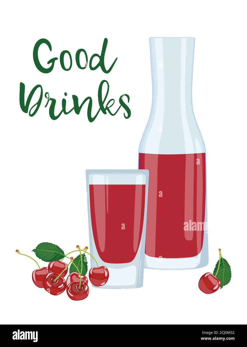 Cherry juice in glass and decanter. Berry bunches. Vector illustration Stock Vector