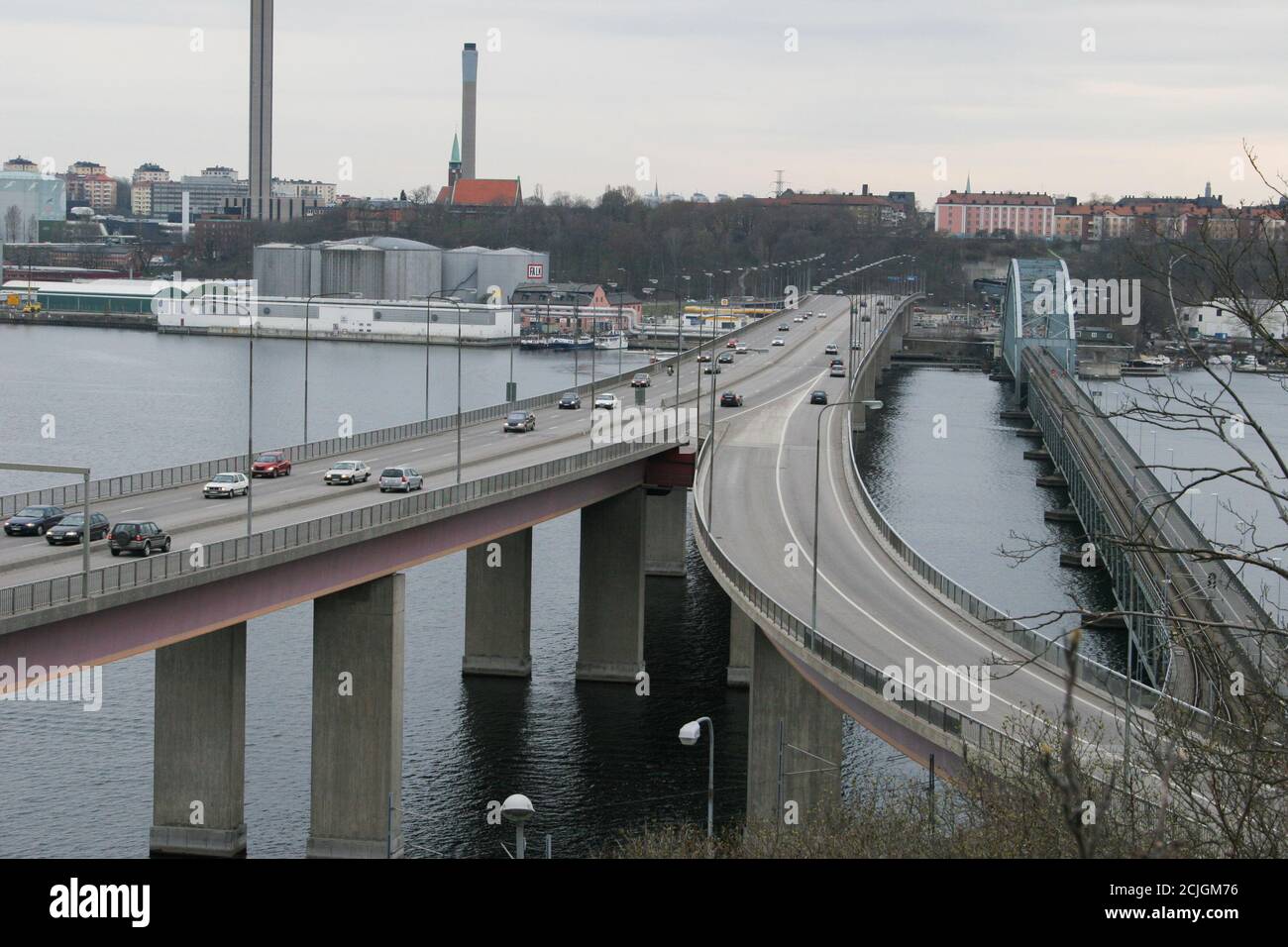 LIDINGÖ BRIDGE Stockholm Sweden the new to left and the old t right connect Island and town Lidingö with the rest of Stockholm area Stock Photo