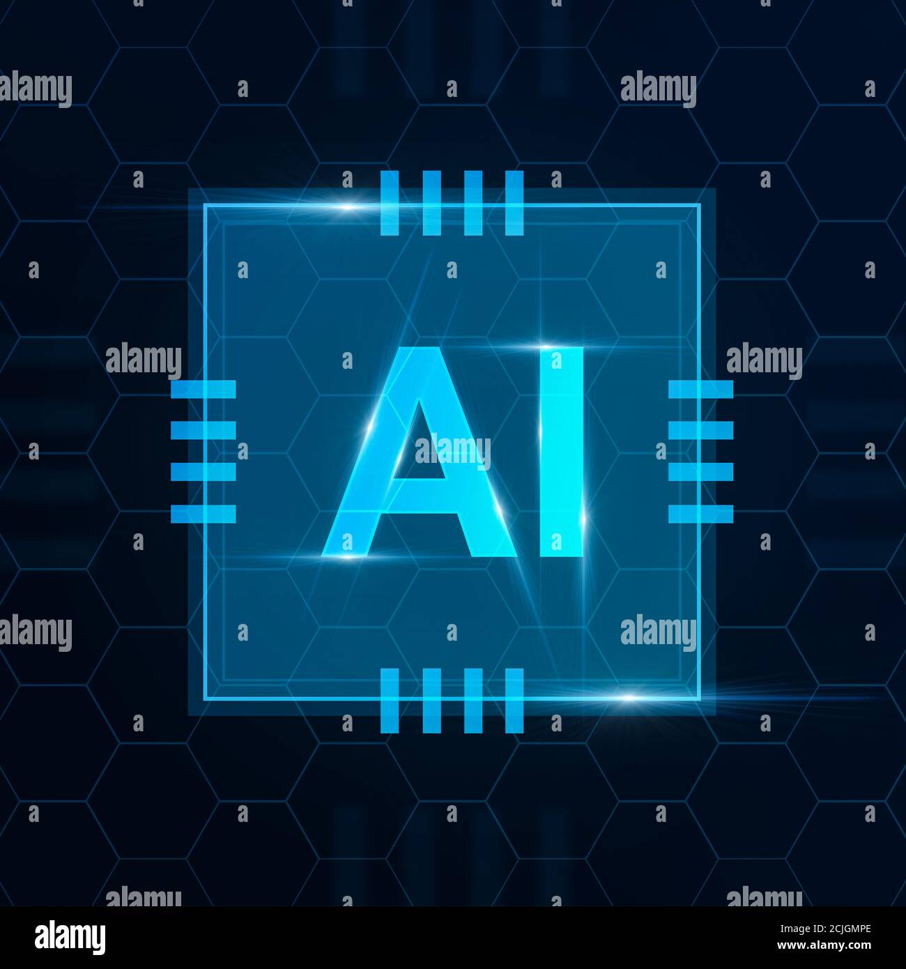 Creative AI Logo In Computer Microchip Design Over Abstract Cell Background, Futuristic Illustration In Blue Color Stock Photo
