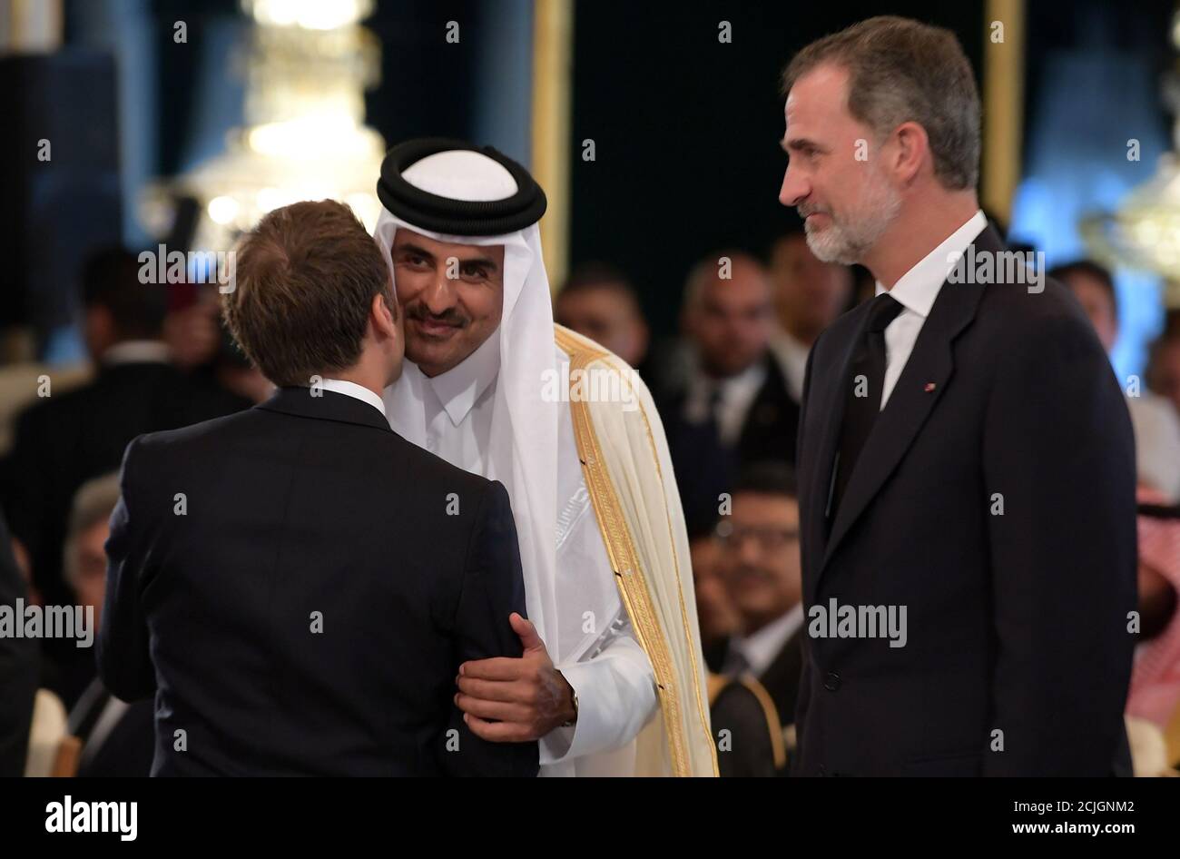 French President Emmanuel Macron Greets Qatar S Emir Sheikh Tamim Bin Hamad Al Thani Next To Spanish King Felipe Vi During The State Funeral Of Late President Beji Caid Essebsi At The Presidential Palace