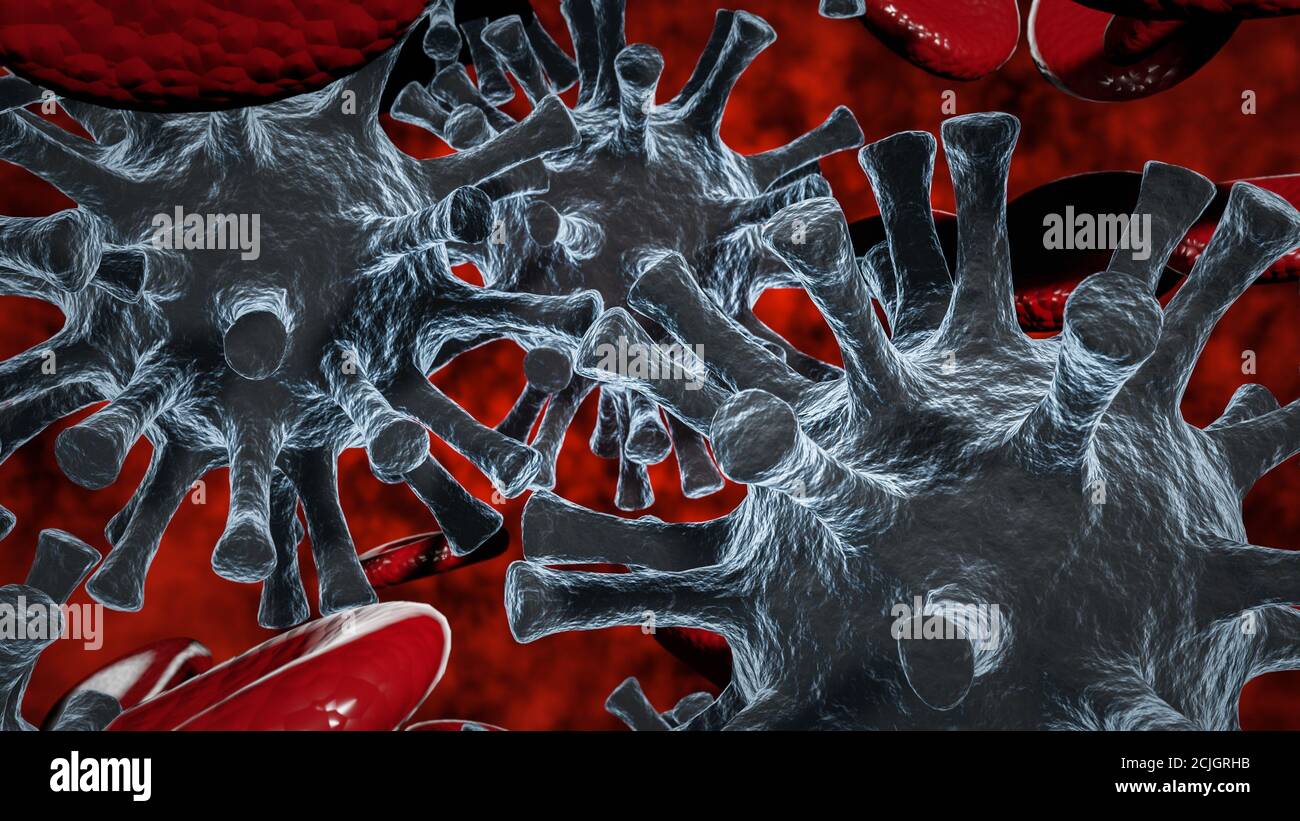 3d illustration of a macro view of dark viruses and blood cells Stock ...