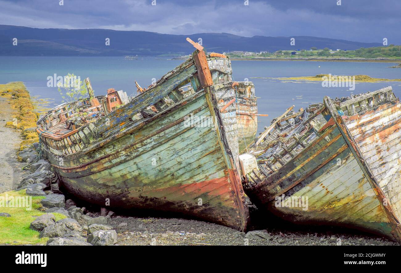 Old fishing boats on shore Isle of Mull,Scotland Stock Photo - Alamy