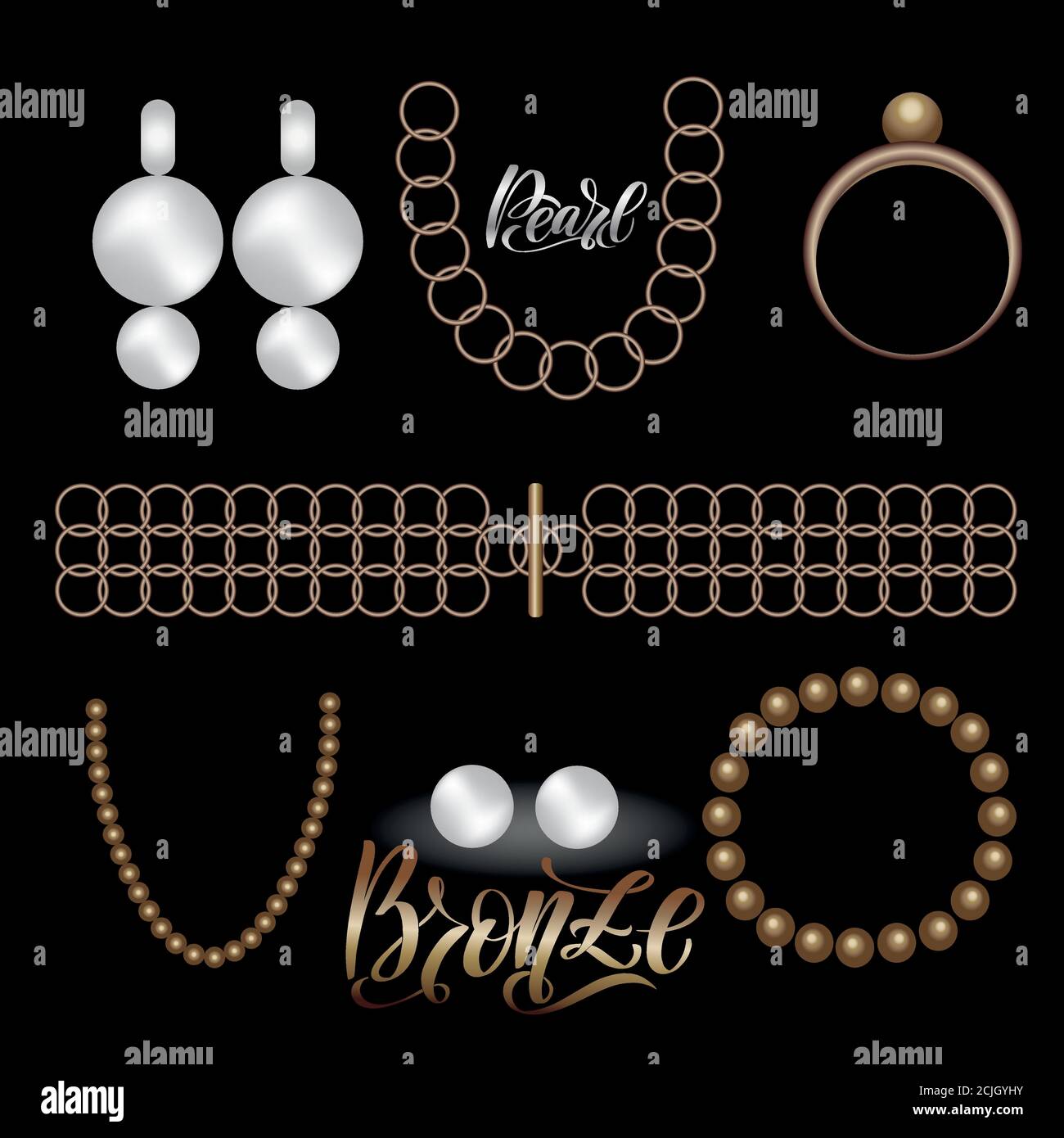 Vintage bronze jewelry with pearls. Bracelet, ring, earrings Stock Vector