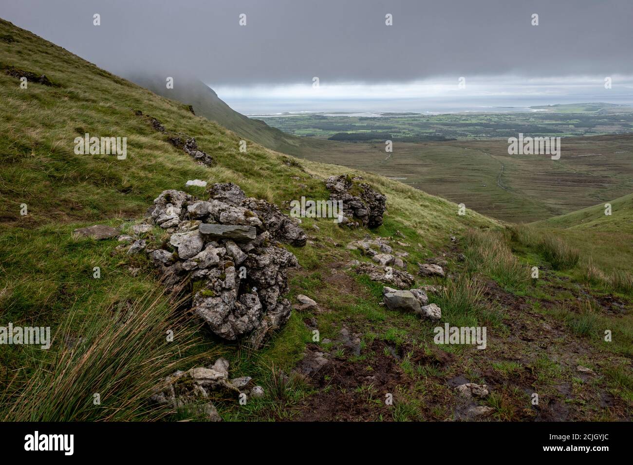 View from the top of Benbulben in County Sligo, Ireland with views over the Atlantic Ocean and Donegal Stock Photo
