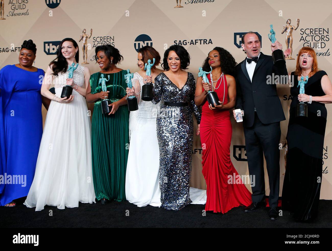 Cast Members Of Orange Is The New Black Hold Their Awards For Outstanding Performance By An Ensemble In A Comedy Series During The 22nd Screen Actors Guild Awards In Los Angeles California