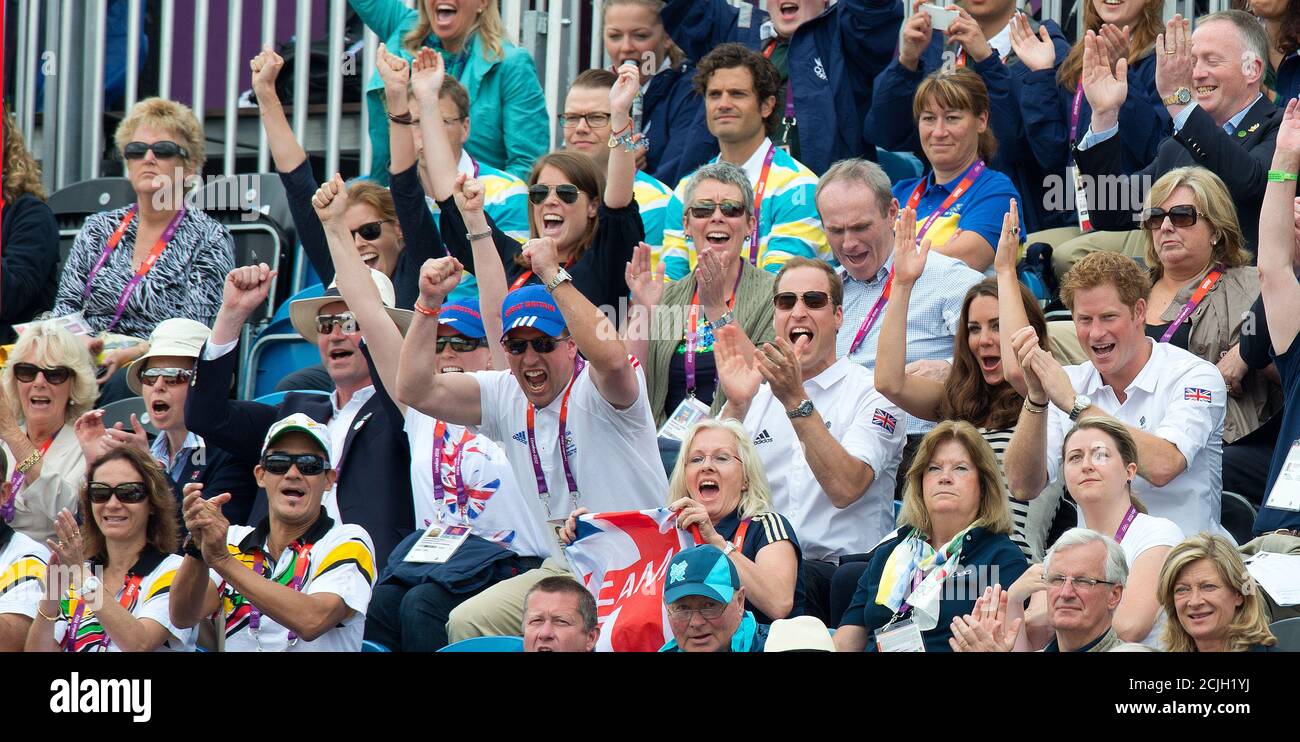 Prince William, Duchess of Cambridge, Prince Harry, Peter Phillips, Princess Anne watch Zara Phillips at London  Olympics. Pic : Mark Pain / Alamy Stock Photo