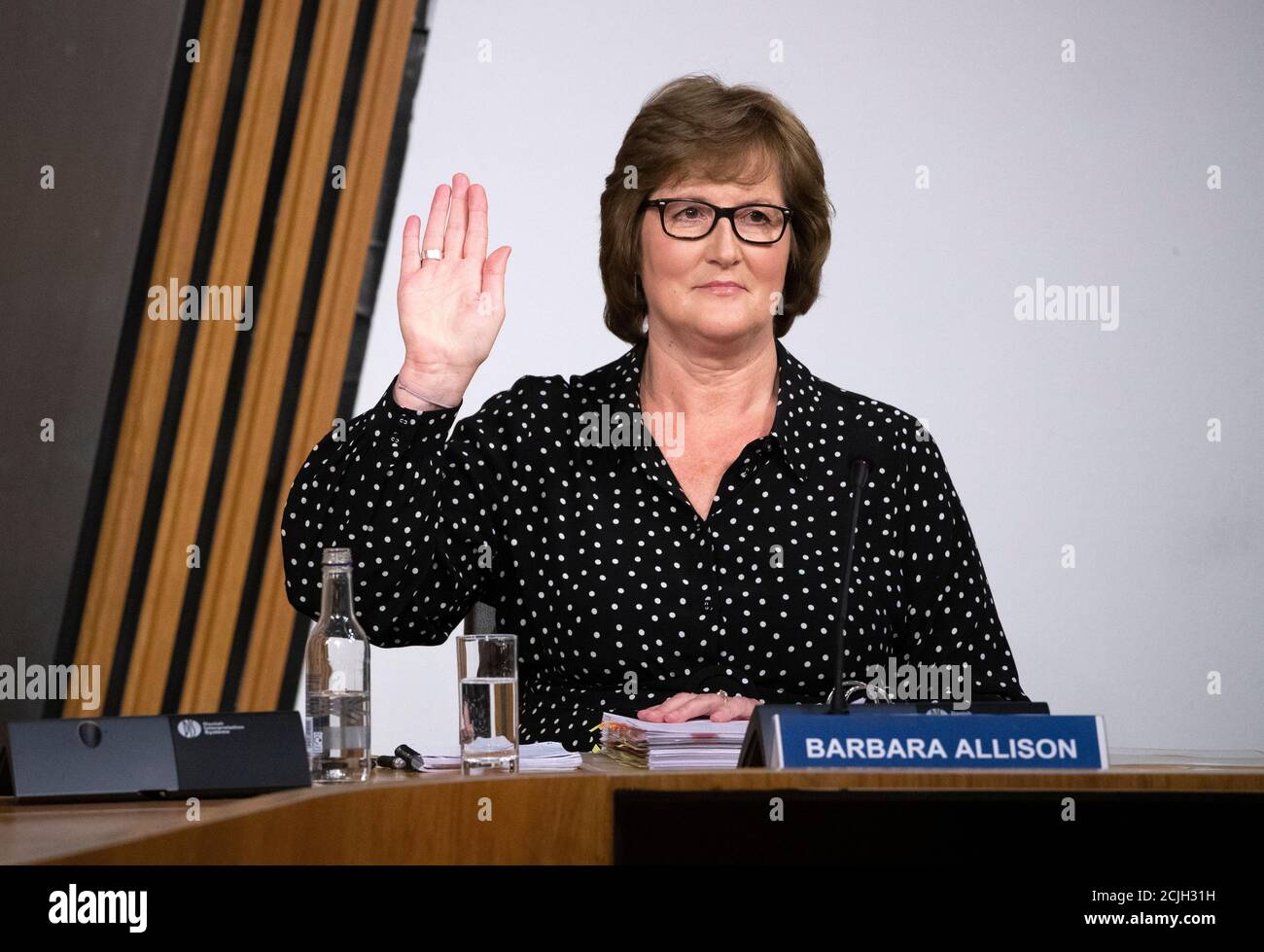 Barbara Allison, Director for Communications, Ministerial Support and Facilities at the Scottish Government, gives evidence at Holyrood to a Scottish Parliament committee examining the handling of harassment allegations against former first minister Alex Salmond in Edinburgh, Scotland. Stock Photo