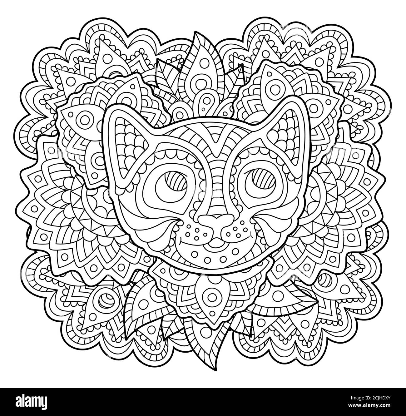 Coloring book page with stylized kitten face on beautiful abstract pattern Stock Vector