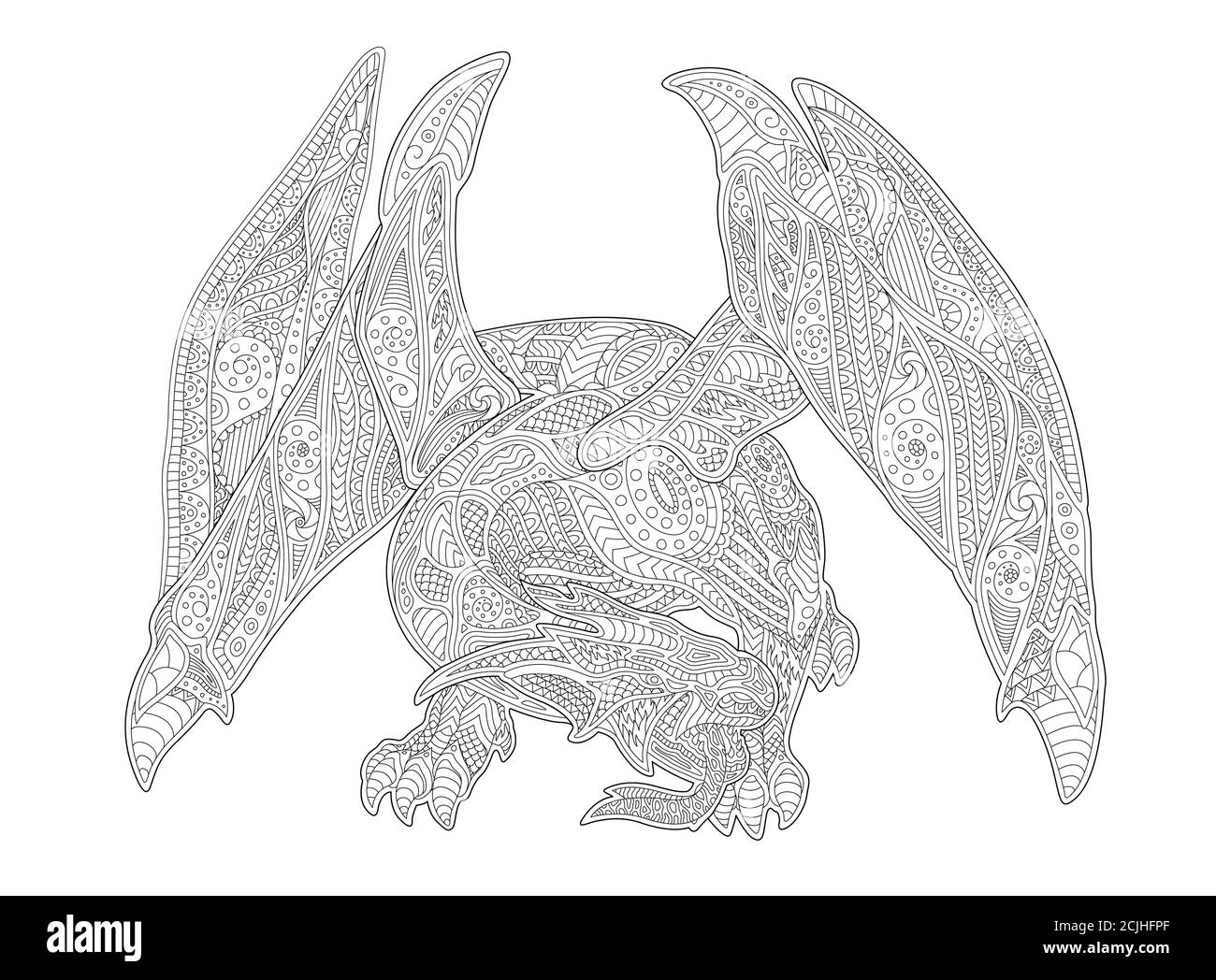 Beautiful adult coloring book page with european dragon on white background Stock Vector