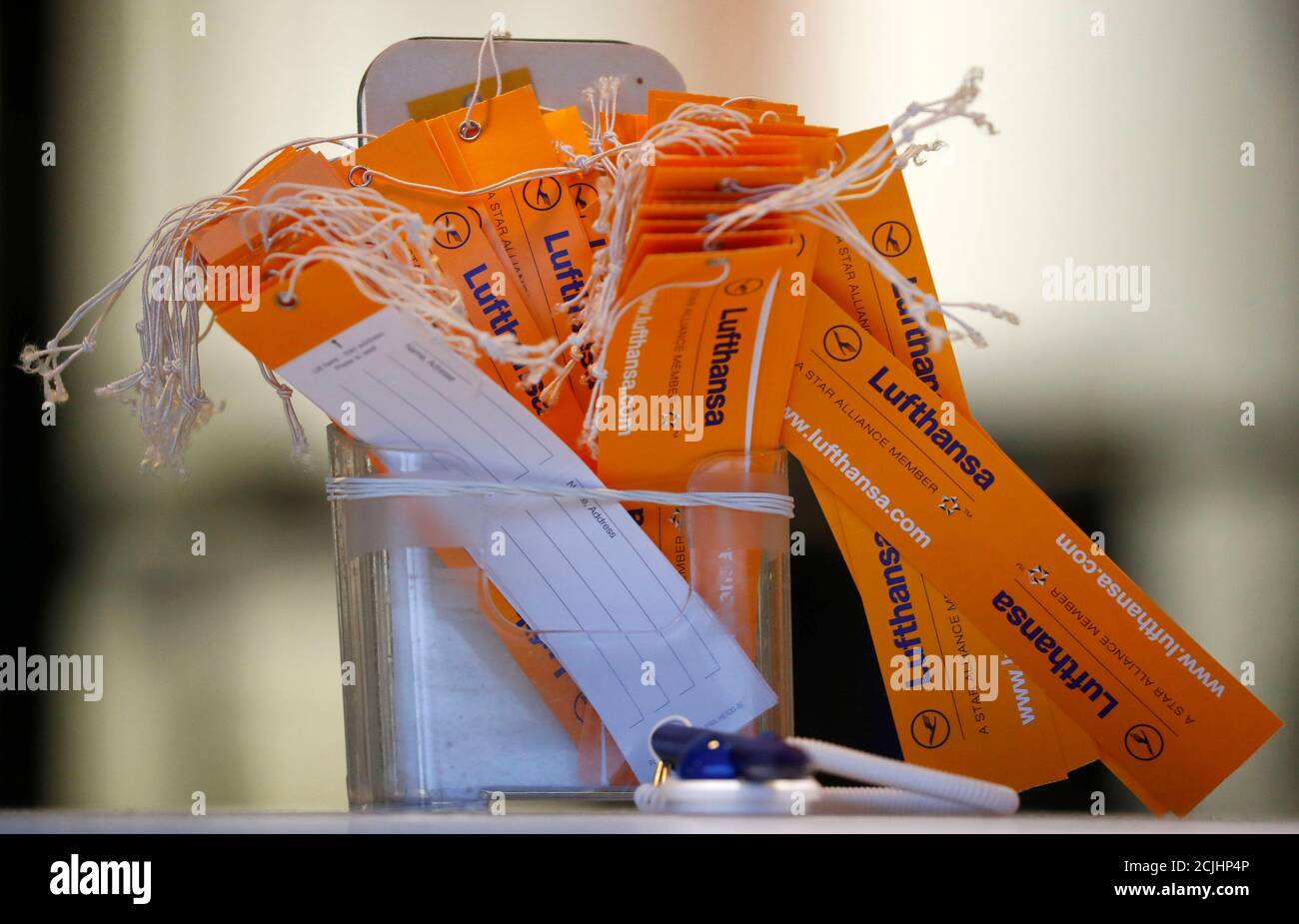 Baggage tags of German air carrier Lufthansa are seen at the airport in  Frankfurt, Germany, February 12, 2019. REUTERS/Kai Pfaffenbach Stock Photo  - Alamy