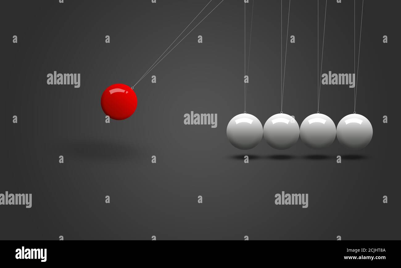 newton's cradle: moving red ball and stable white balls on light grey background. newton science concept Stock Photo