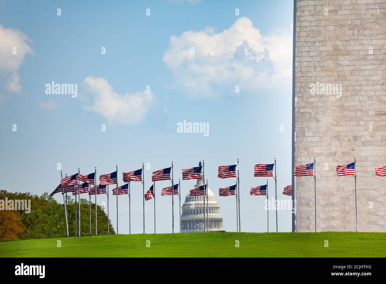 Washington memorial obelisk column with many flags over US Capitol building, DC, USA Stock Photo