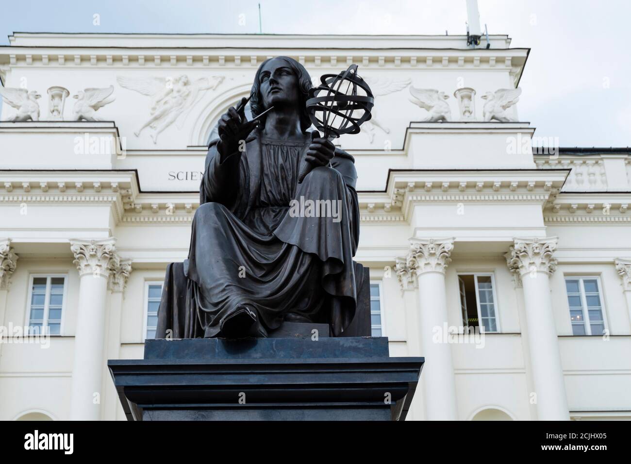 Pomnik Mikołaja Kopernika, Nicolas Copernicus monument, in front of PAN, Polska Academia Nauk, Polish science academy building, Pałac Staszica, Warsaw Stock Photo