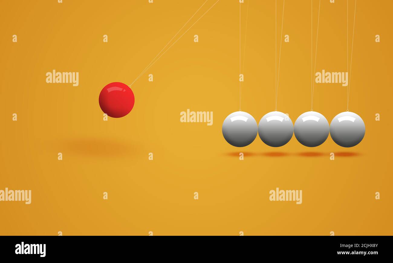 newton pendulum, newton's cradle. round red and white balls. Maths science concept Stock Photo