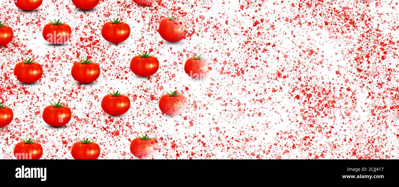 red splash tomato background, flat lay tomatoes minimal concept , with copy space Stock Photo