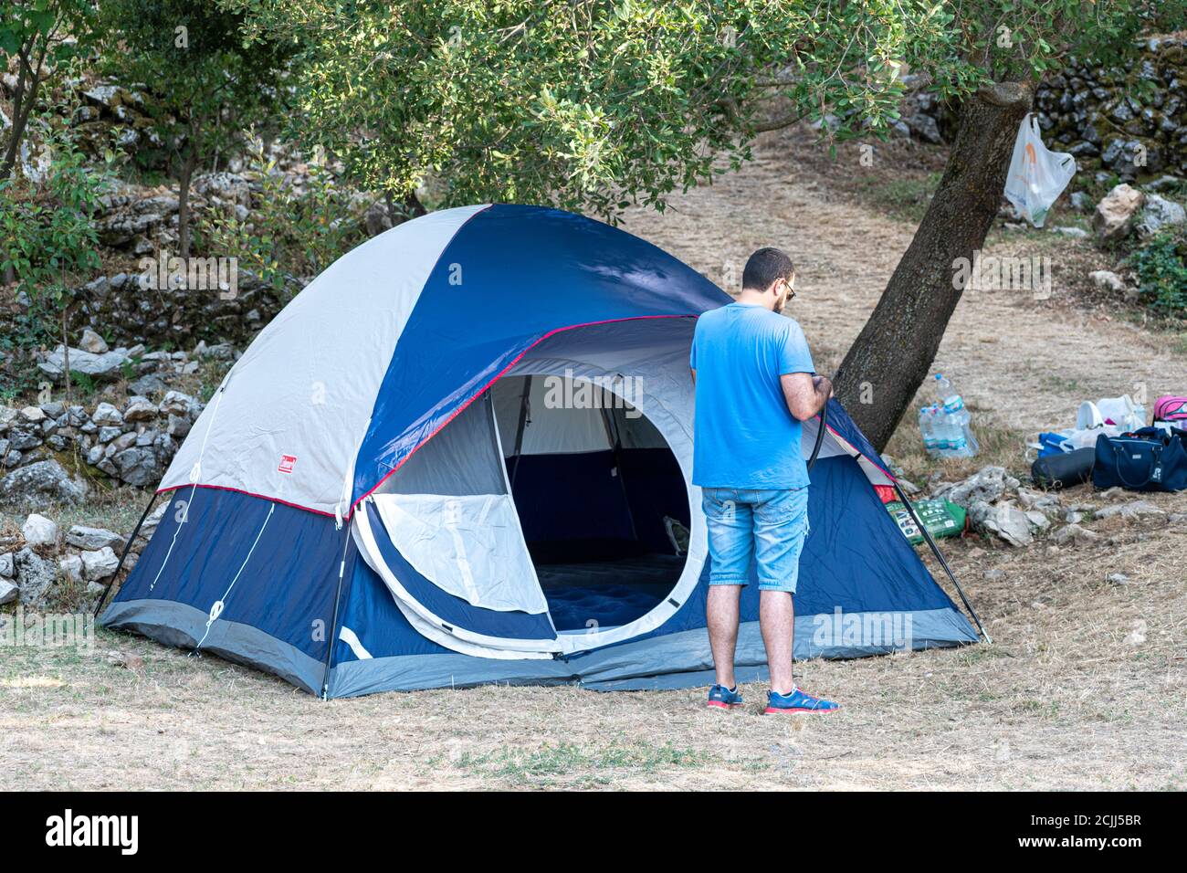 Camping and tent under the pine forest in sunset at north of Lebanon