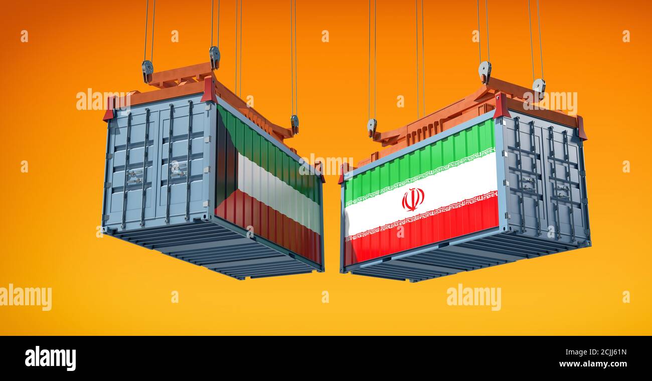Shipping containers with Iran and Kuwait national flags. 3D Rendering