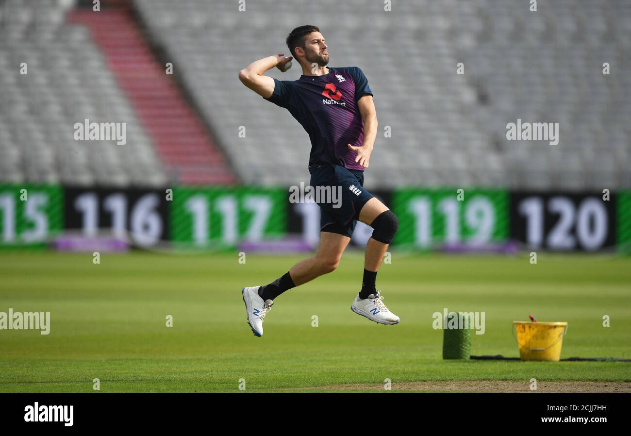 Mark Wood during an England net session at Old Trafford, Manchester. Stock Photo