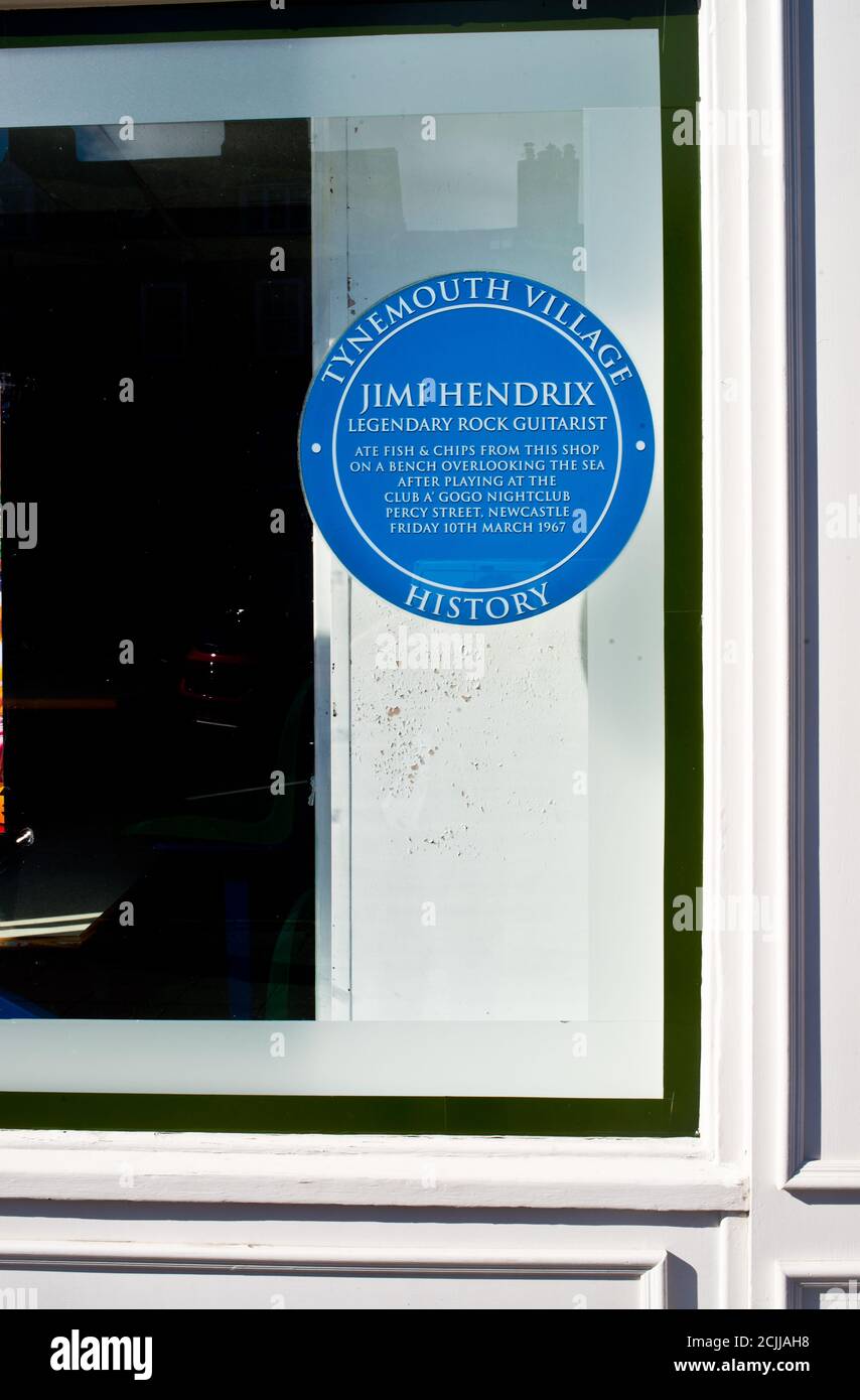Plaque saying Jimi Hendrix ate fish and chips at Marshalls Fish restaurant after playing at Newcastle, Tynemouth, Tyneside, England Stock Photo