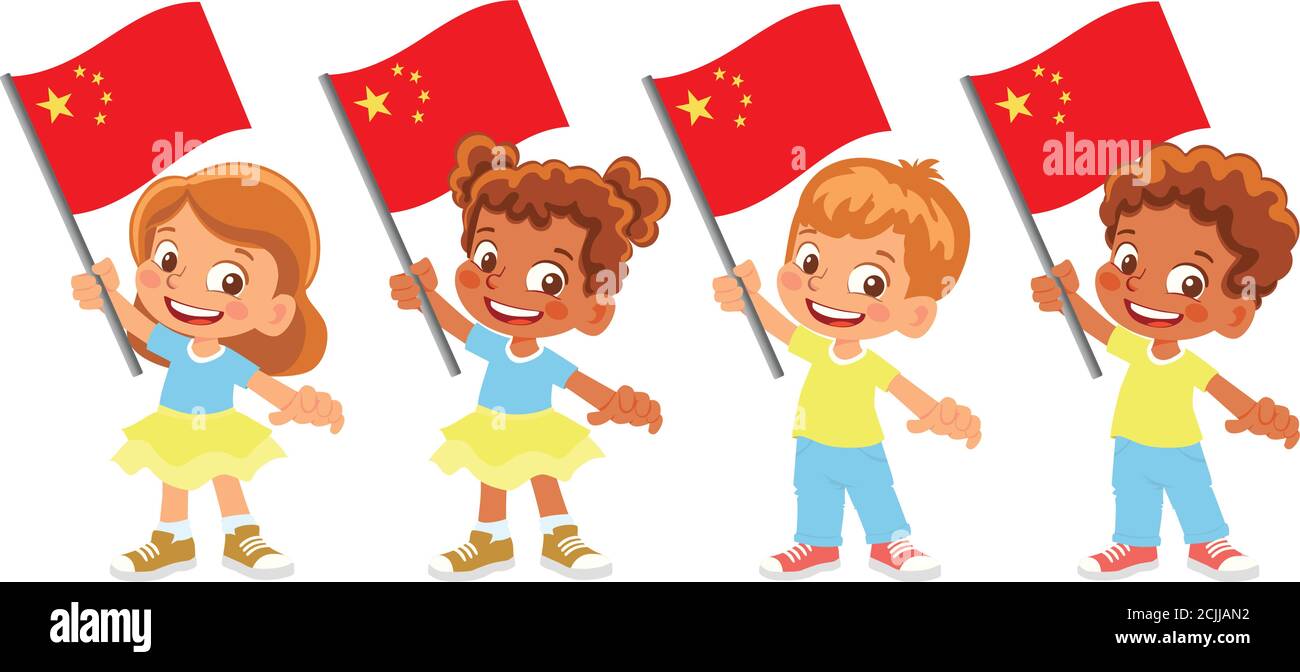 China flag in hand. Children holding flag. National flag of China