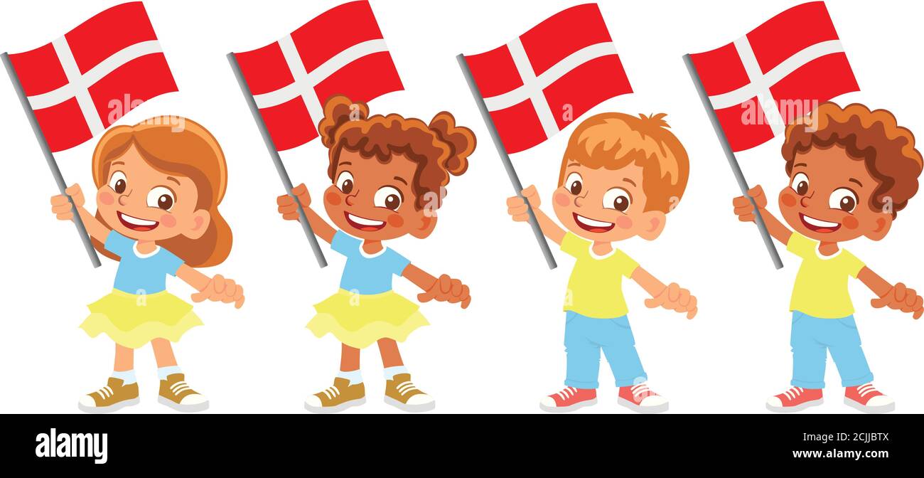Denmark flag in hand. Children holding flag. National flag of Denmark vector Stock Vector