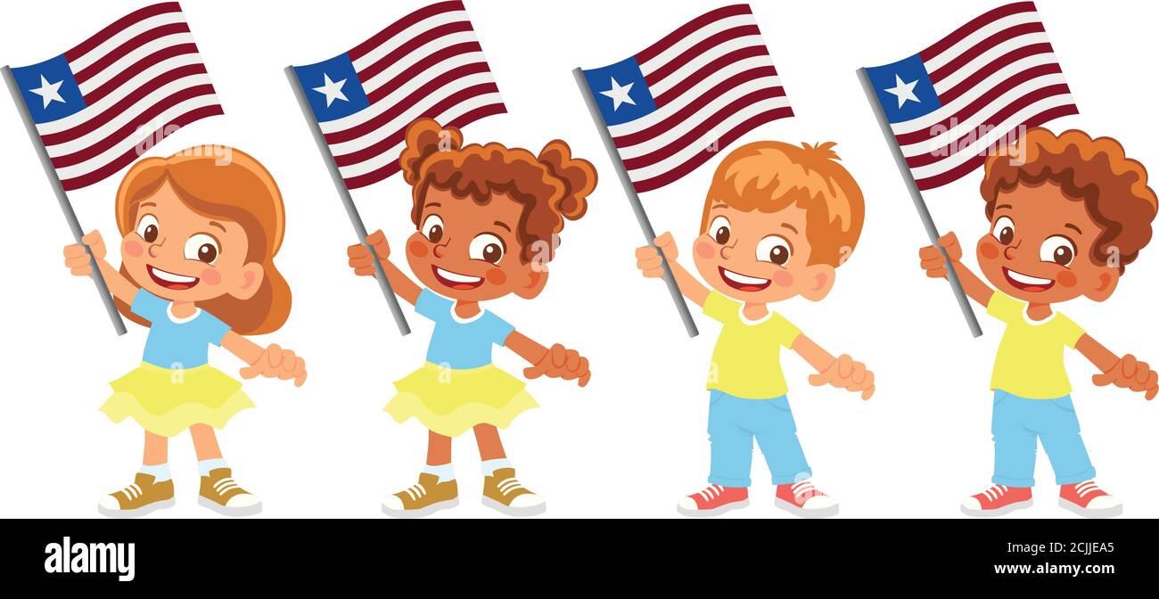 Liberia flag in hand. Children holding flag. National flag of Liberia vector Stock Vector