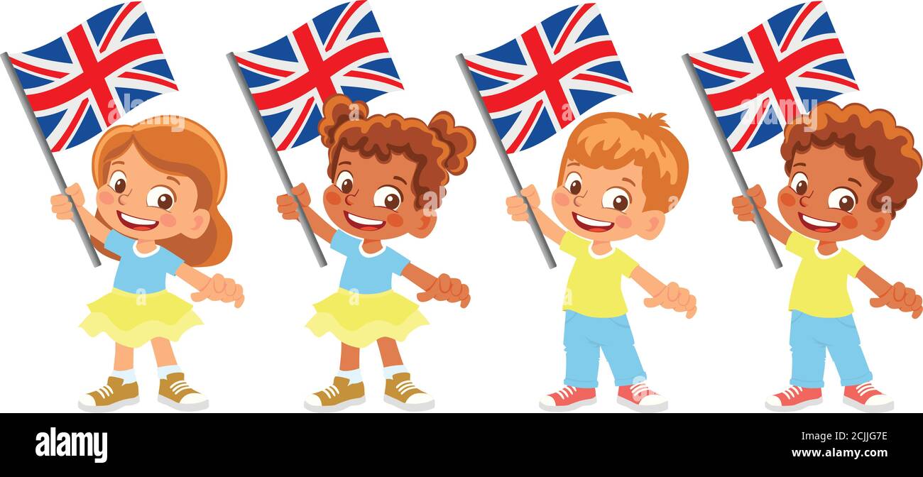 United Kingdom flag in hand. Children holding flag. National flag of United Kingdom vector Stock Vector