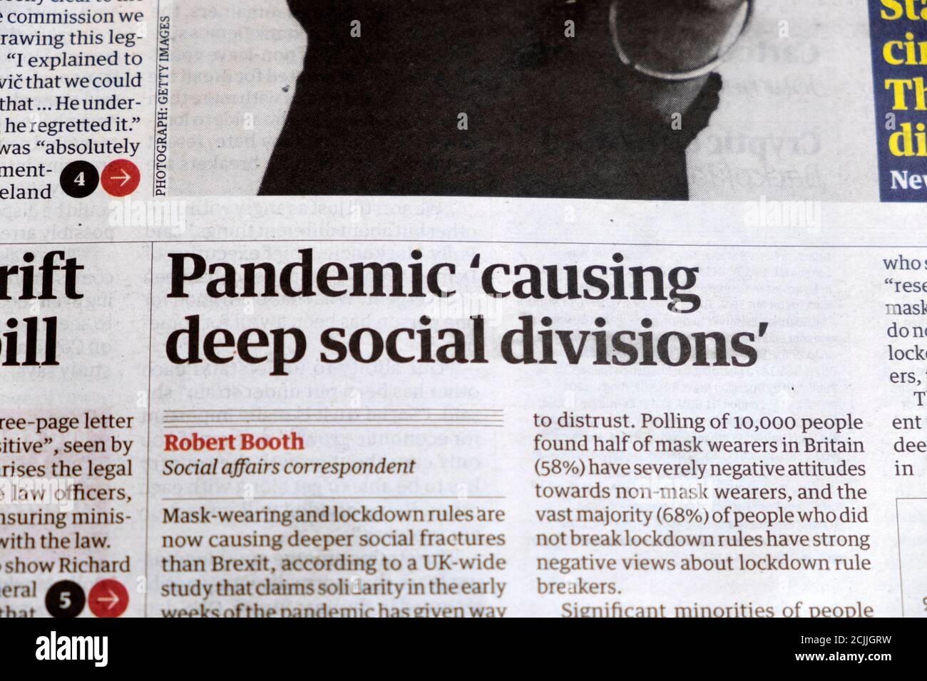 Pandemic Causing Deep Social Divisions Covid 19 Coronavirus Guardian Newspaper Headline On Article September London England Uk Stock Photo Alamy