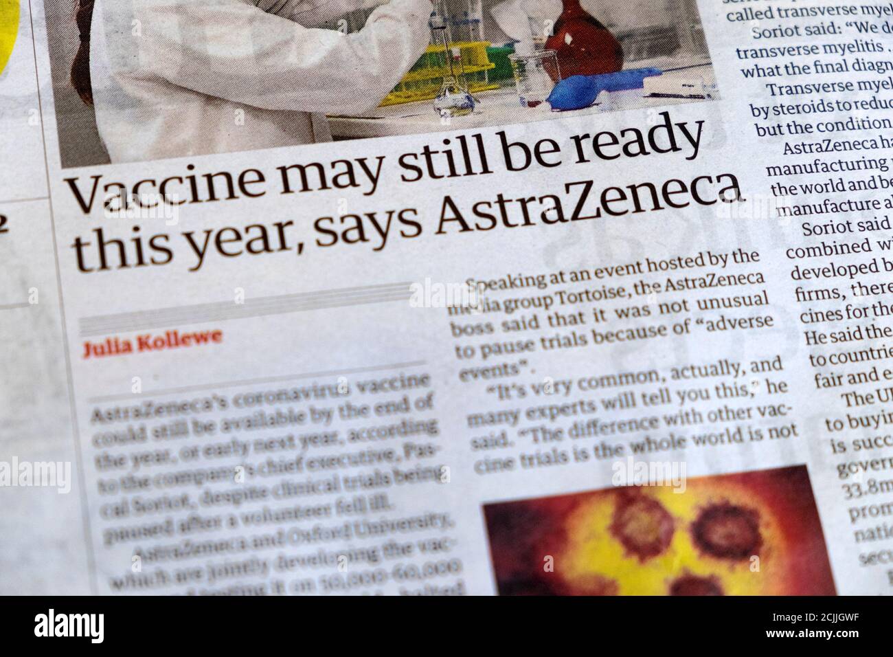 'Vaccine may still be ready this year, says AstraZeneca' at Oxford University Guardian newspaper headline article on 10 September 2020 London England Stock Photo
