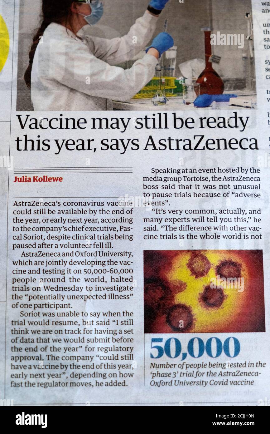 'Vaccine may still be ready this year, says AstraZeneca' at Oxford University Guardian newspaper headline article on 10 September 2020 London UK Stock Photo