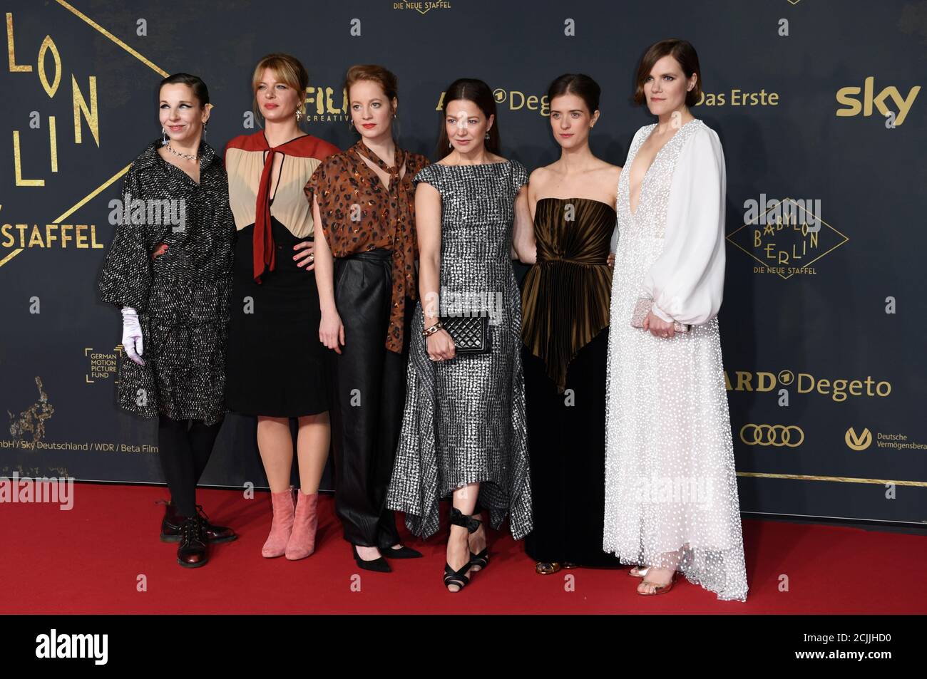Meret Becker, Jenny Schily, Leonie Benesch, Hannah Herzsprung, Liv Lisa Fries and Fritzi Haberlandt attend the premiere of the third season of 'Babylon Berlin' series in the cinema 'Zoo Palast' in Berlin, Germany, December 16, 2019. REUTERS/Annegret Hilse Stock Photo
