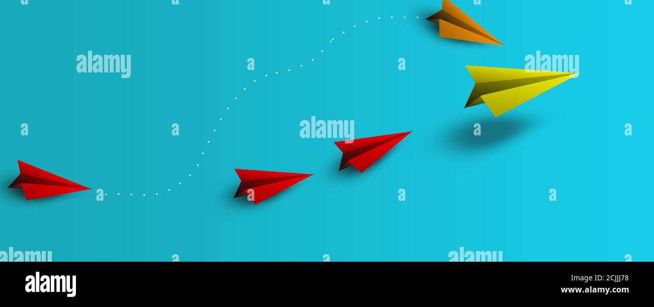 many paper planes on blue horizontal background, flying yellow plane boss with competitors ; competition airplane concept Stock Photo