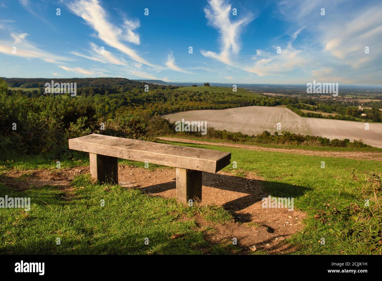 A bench with a view on Beacon Hill, Wendover, UK Stock Photo
