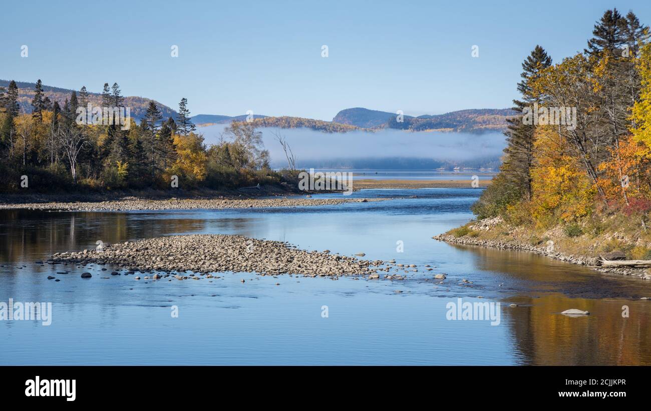 Autumn colours and mist in the Baie-Sainte-Marguerite, Saguenay Fjord National Park, Quebec, Canada Stock Photo