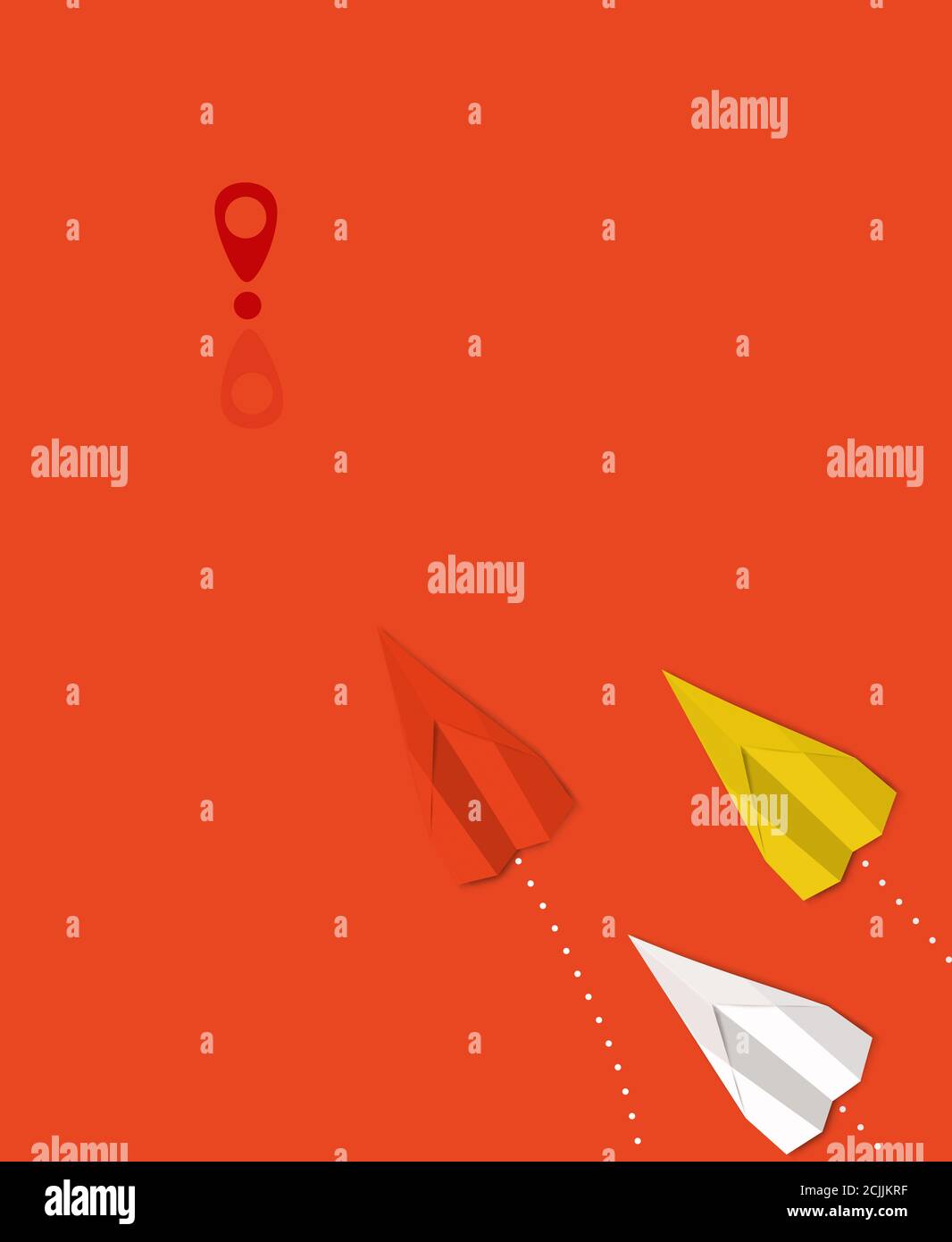 teamwork and competition paper plane concept, achieve goals and reach nes destination with a unique vision: the red plane in the confort and favorite Stock Photo