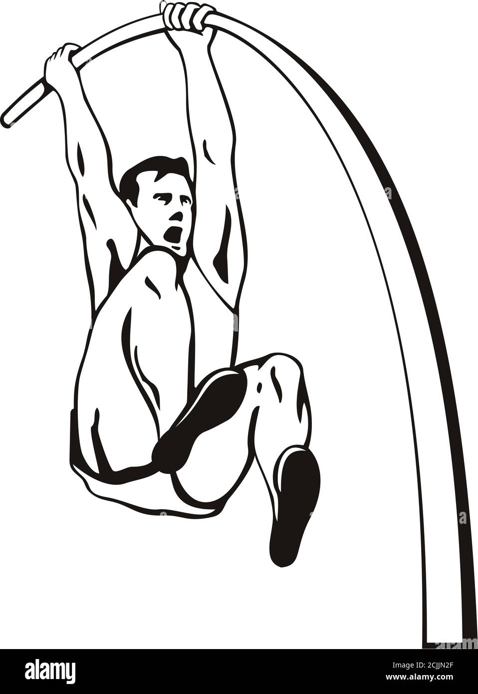 Stencil illustration of a pole vaulter with flexible pole jumping over