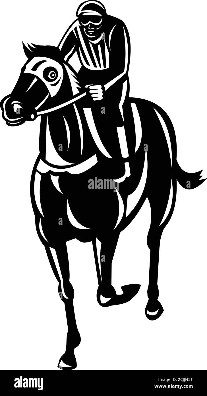 Retro style illustration of a jockey racing thoroughbred horse or galloper, a popular gaming and spectator sport viewed from front  on isolated backgr Stock Vector