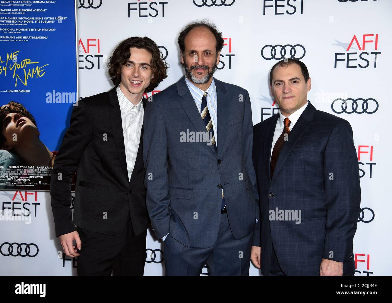 Cast Members Timothee Chalamet L And Michael Stuhlbarg R Pose With Director Luca Guadagnino During The Premiere Of Call Me By Your Name During Afi Fest 17 In Los Angeles U S November