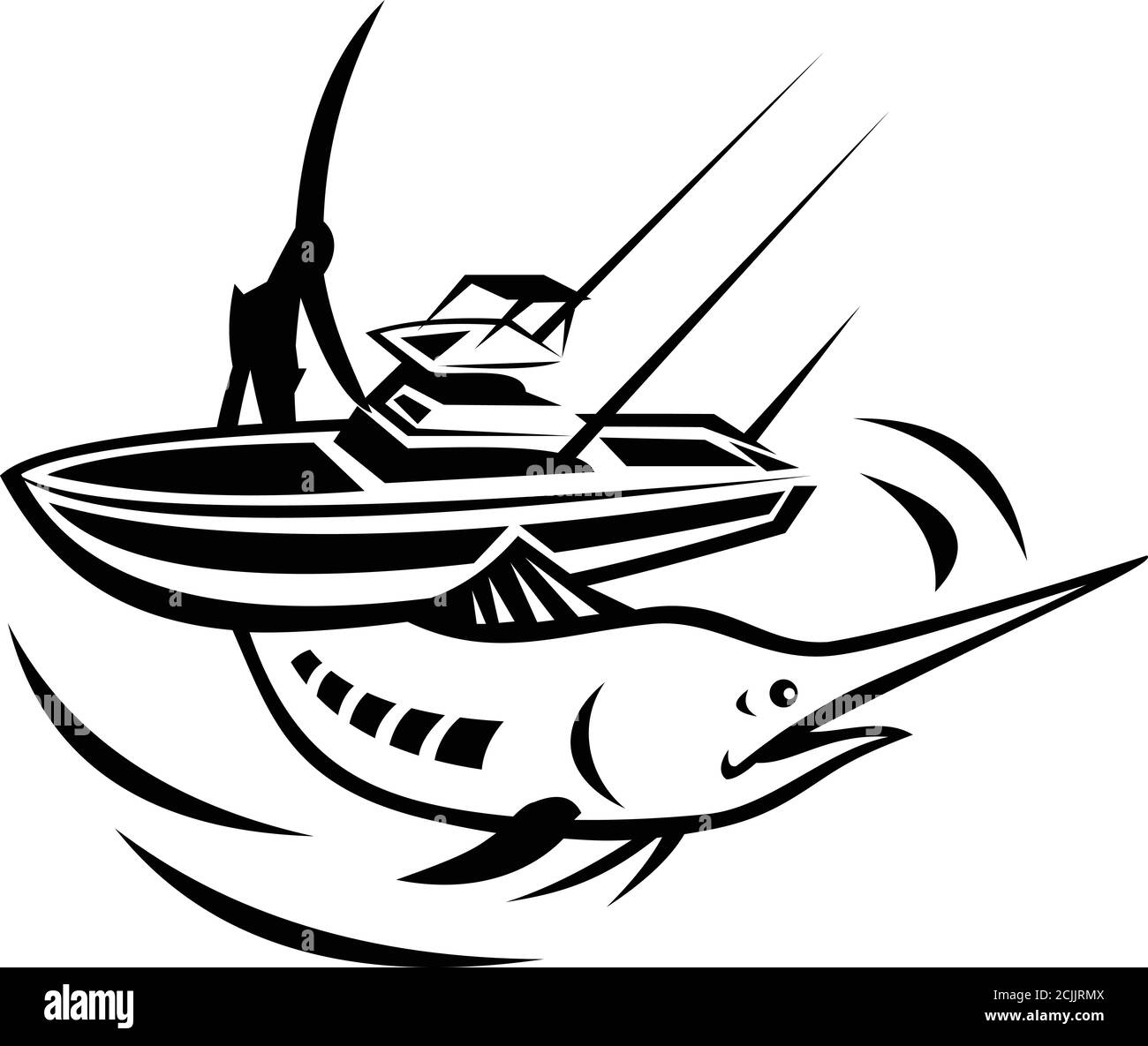 Illustration of an Atlantic  blue marlin jumping with charter fishing boat on its back on isolated white background done in retro black and white styl Stock Vector