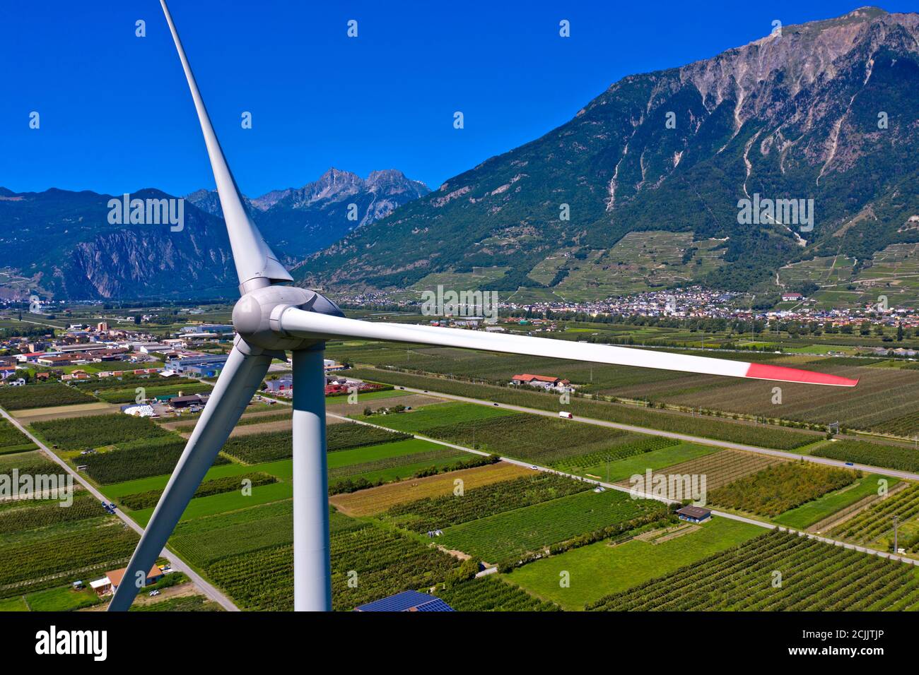 Adonis wind power plant in the Rhone Valley, Switzerland's largest wind turbine, Charrat, Valais, Switzerland Stock Photo