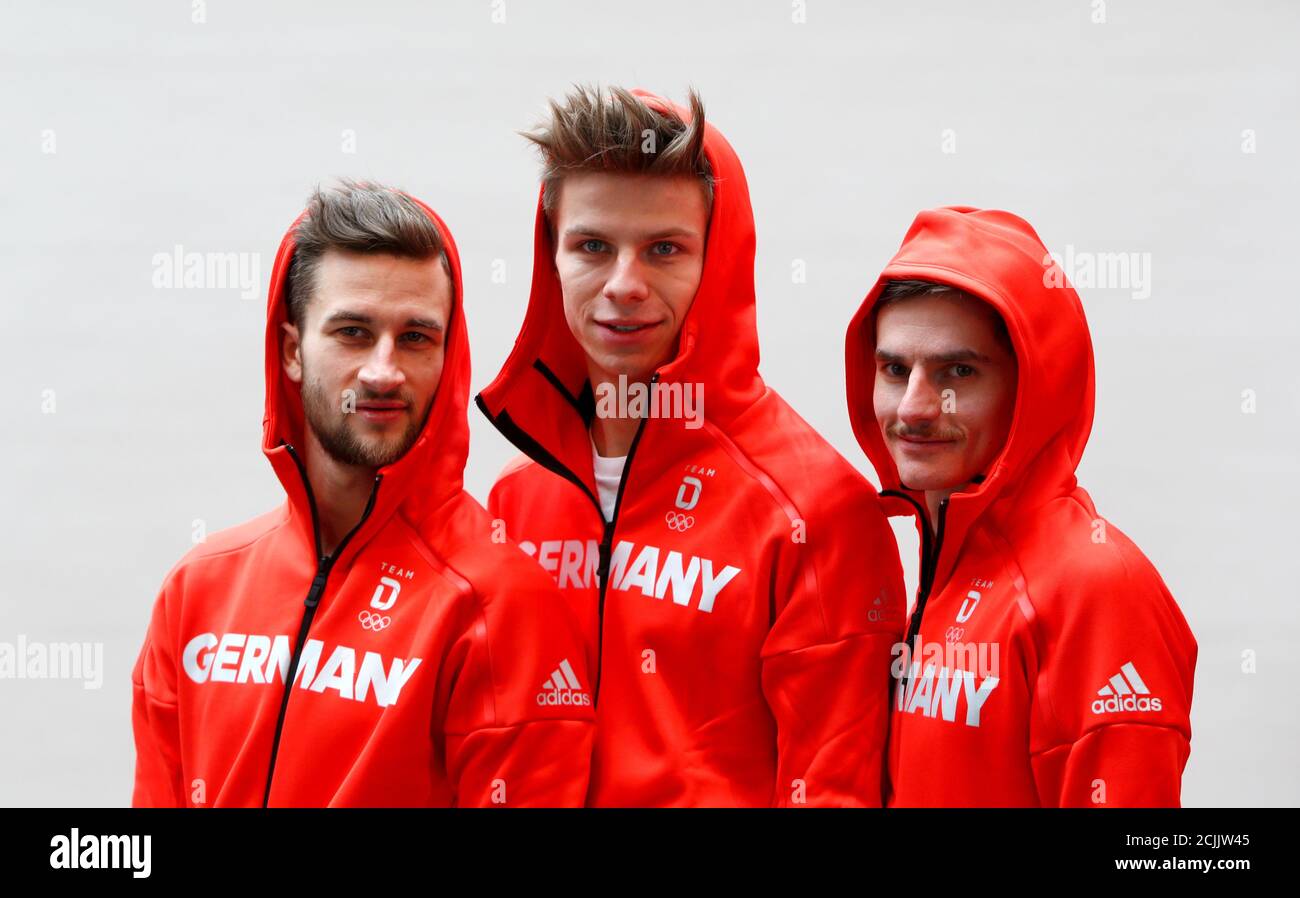 Markus Eisenbichler (L-R), Andreas Wellinger and Richard Freitag, German  ski jumper, pose for a picture during the official German Olympic kit  launch for Pyeongchang Winter Olympic Games 2018 in Munich, Germany January