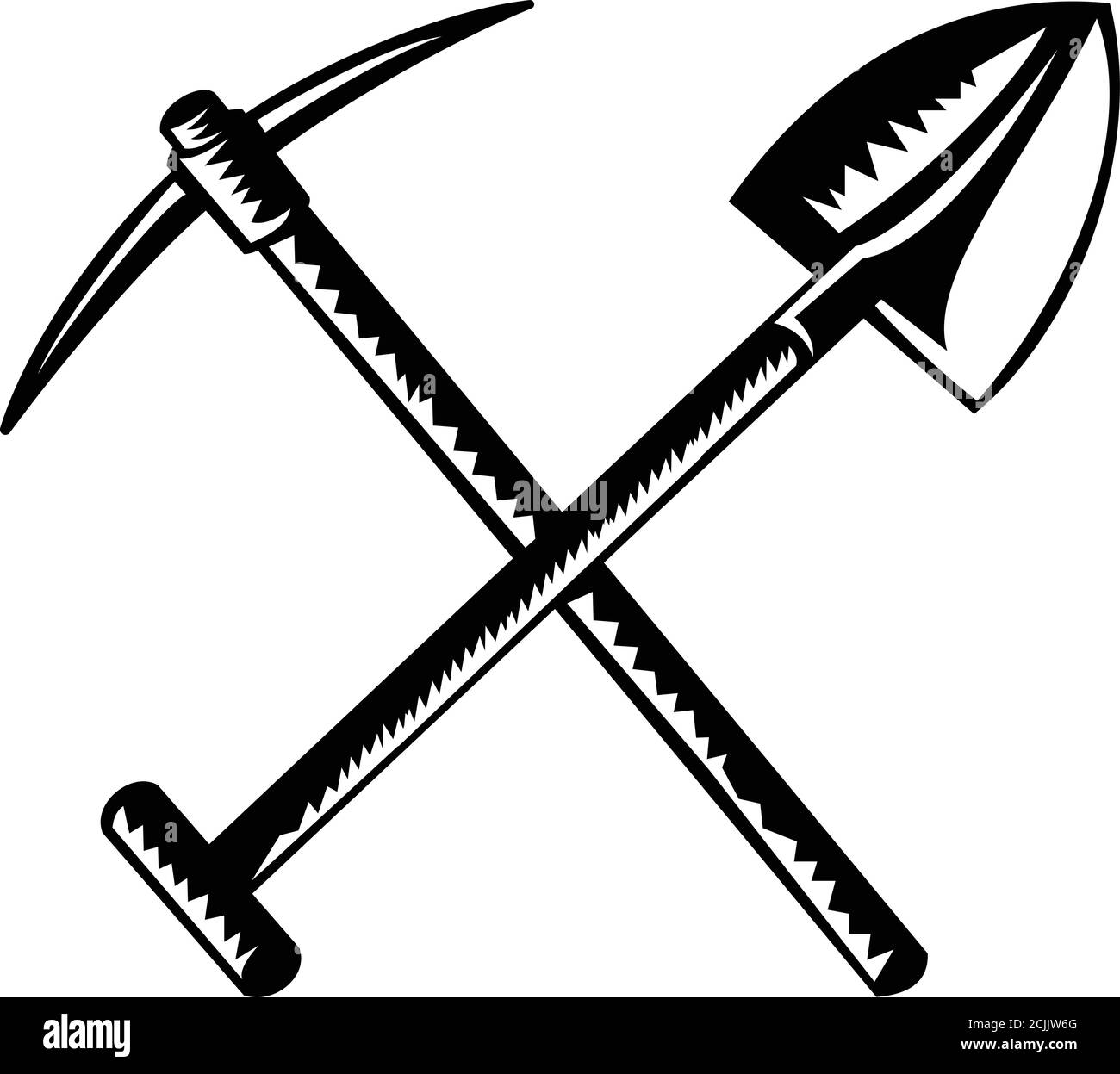 Retro woodcut style illustration of a crossed spade or shovel and