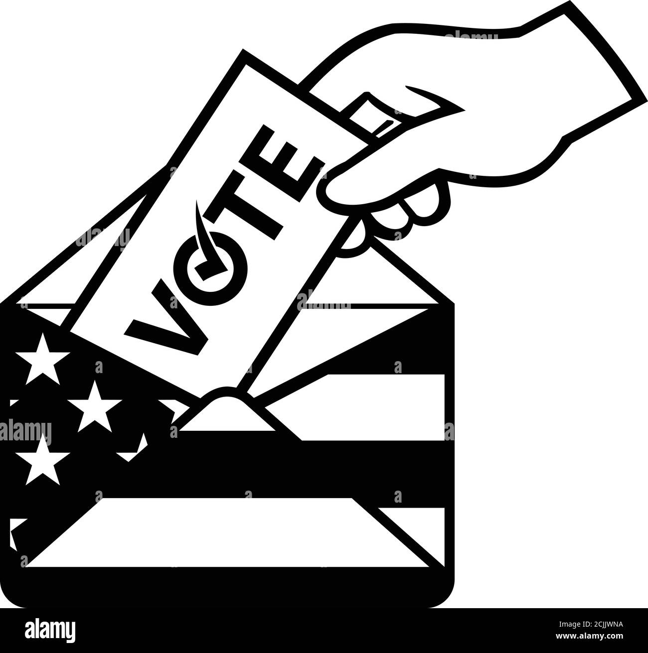 Retro black and white style illustration of a hand of an American voter posting ballot or vote inside postal ballot envelope with USA stars and stripe Stock Vector