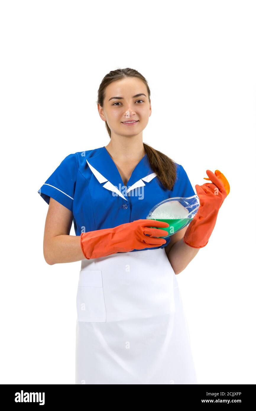 Cleaner using. Portrait of female made, housemaid, cleaning worker in