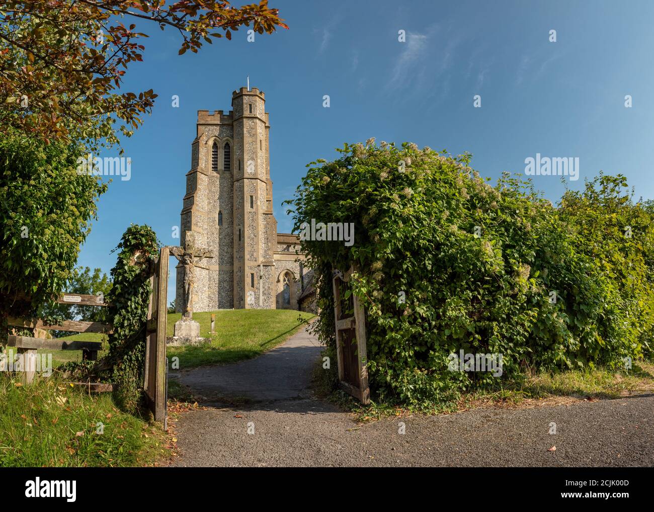Ellesborough Church and its wooden gate, Chiltern Hills, England Stock Photo