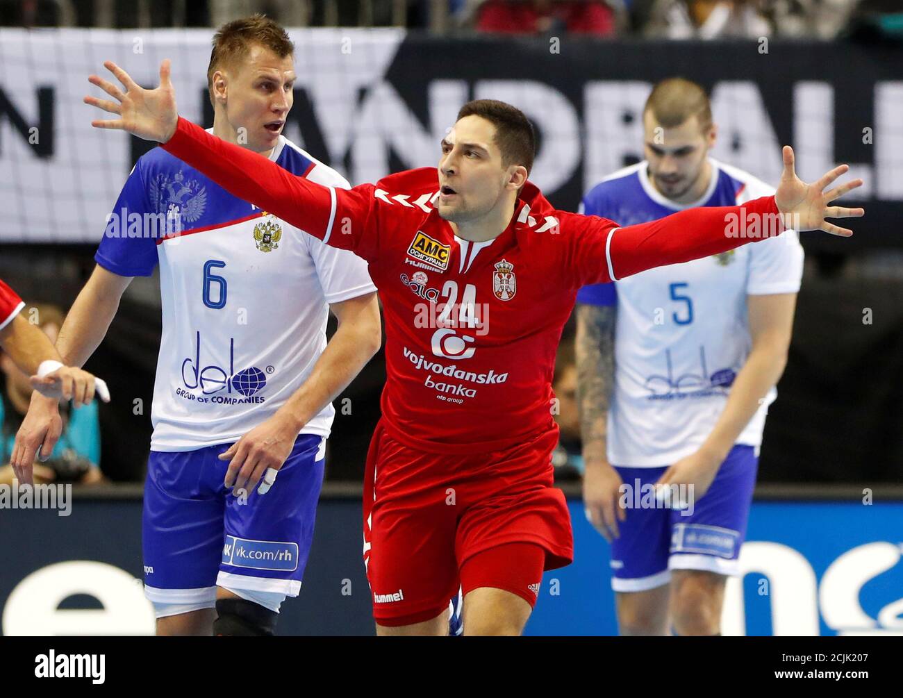 IHF Handball World Championship - Germany & Denmark 2019 - Group A - Serbia  v Russia - Mercedes-Benz Arena, Berlin, Germany - January 11, 2019 Serbia's  Lazar Kukic celebrates REUTERS/Hannibal Hanschke Stock Photo - Alamy