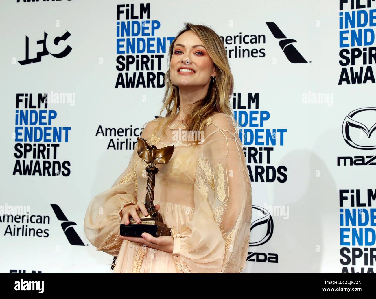 35th Film Independent Spirit Awards - Photo Room - Santa Monica, California, U.S., February 8, 2020 - Olivia Wilde poses backstage with her Best First Feature award for 'Booksmart.' REUTERS/Lucas Jackson Stock Photo